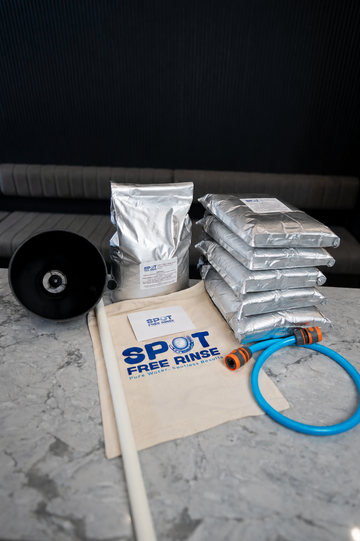 Spot Free Rinse resin replacement kit with pre-measured resin bags, funnel, extraction tube and cloth bag
