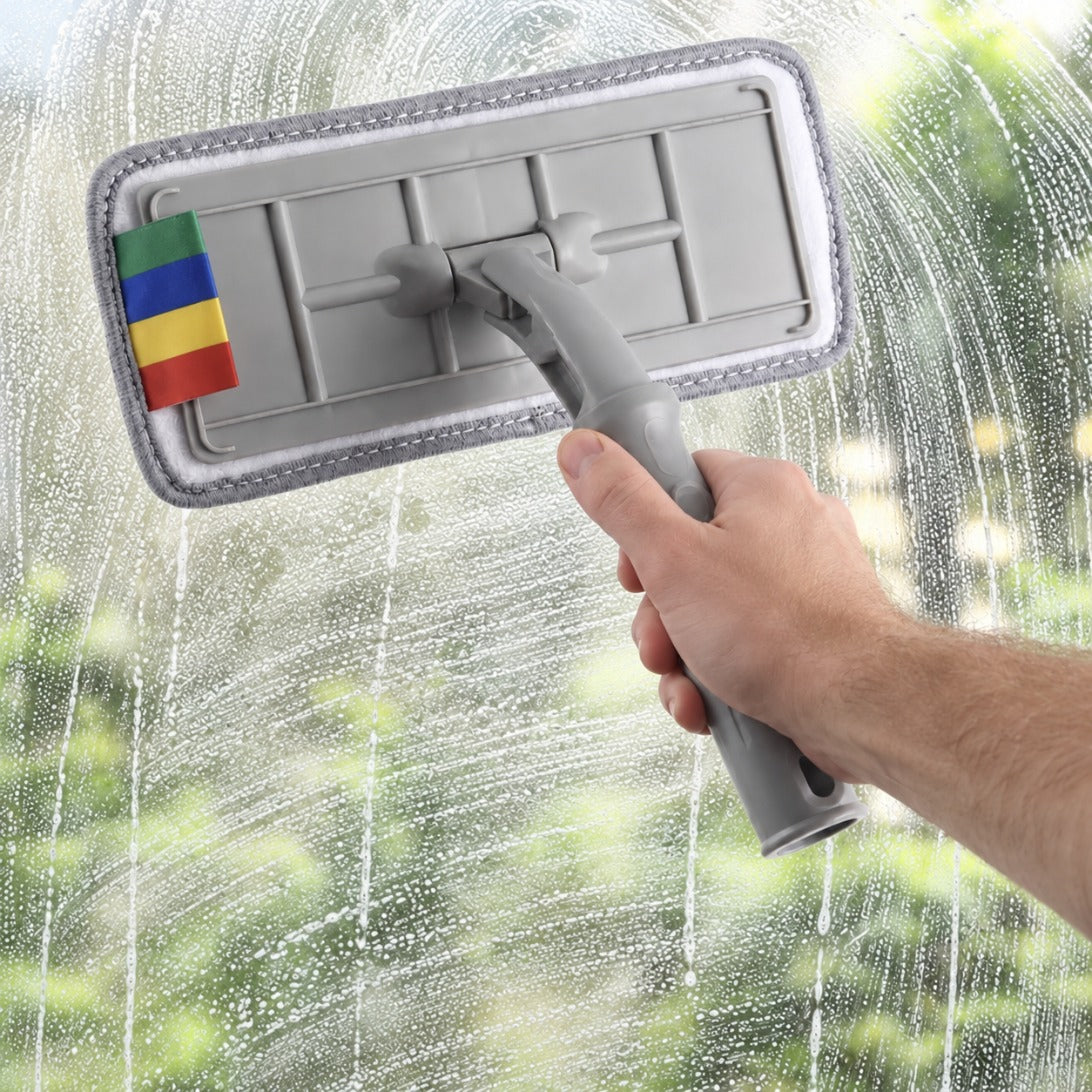 Hand holding the SFR Glide Pro swivel pad window washer against soapy window glass