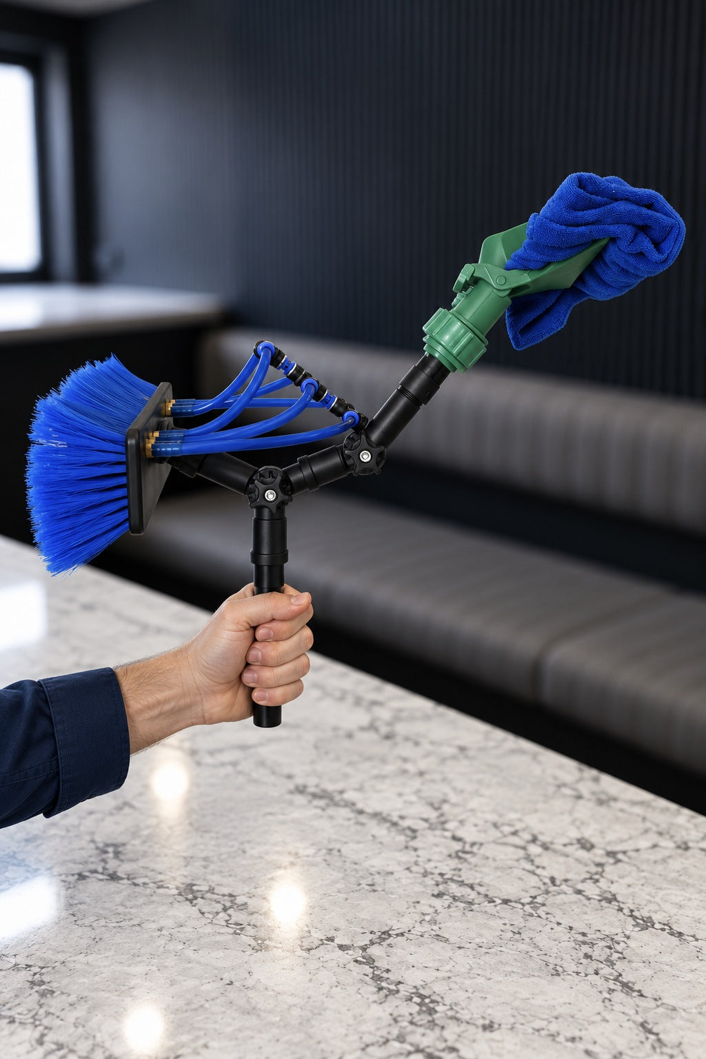 Hand holding a pole adapter fitted with the green Fixi clamp, a blue microfibre cloth and the blue water fed pole brush