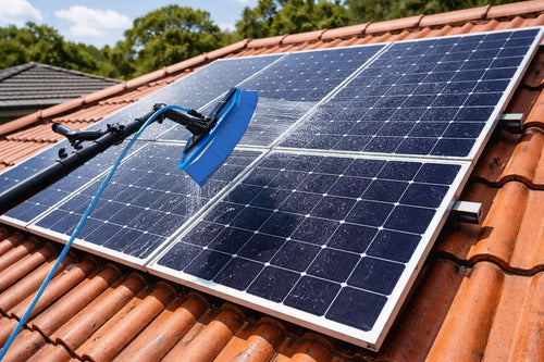 Rinsing rooftop solar panels with a water fed pole, blue brush and blue hose